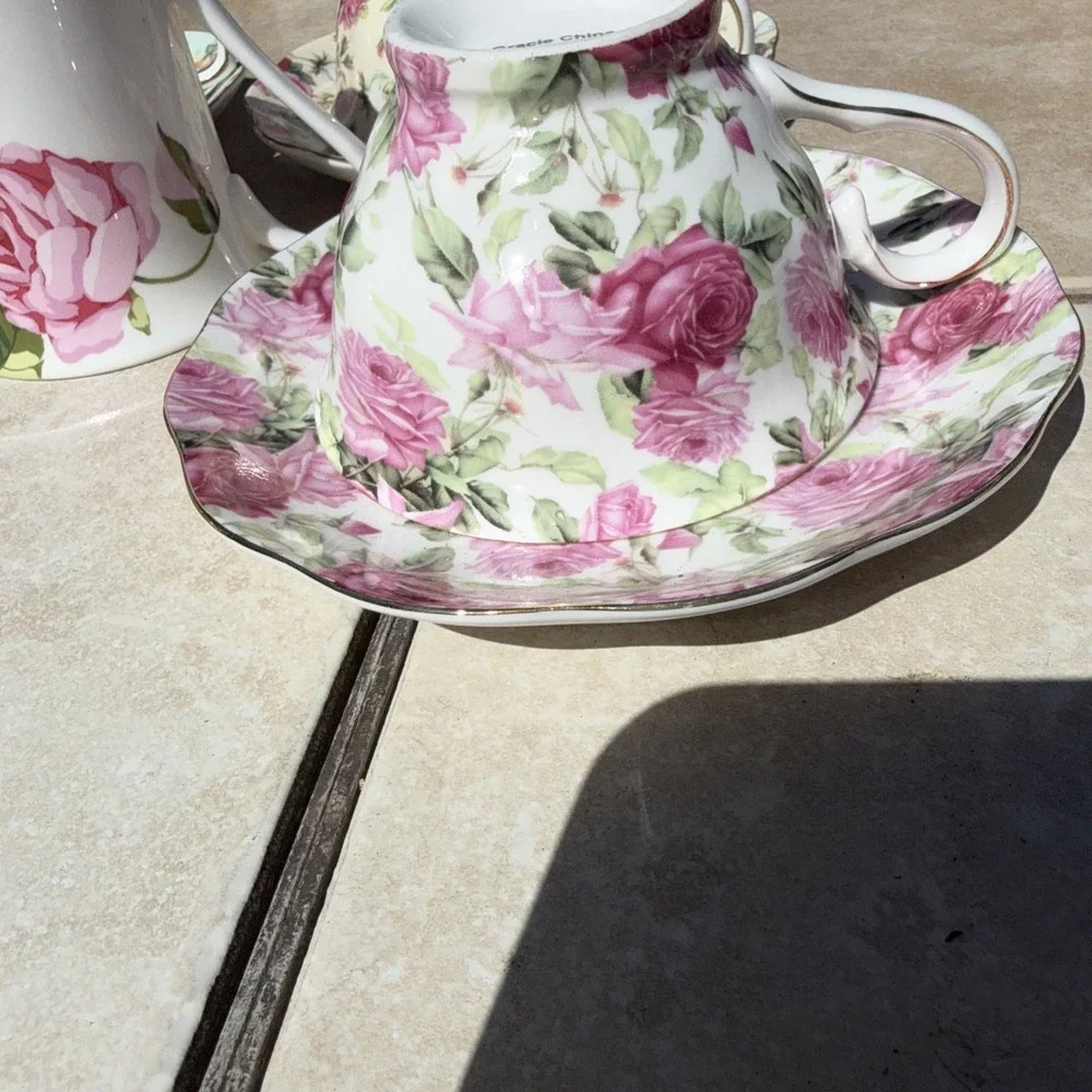 Gracie Tea Set By Coastline Imports Roses Colorful Vintage 9 Piece Lot Gold Rim
